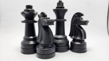 Parkta kral ve kraliçe ata binme kavramı, satranç oyunu, plastik satranç taşları, Asya Endonezya