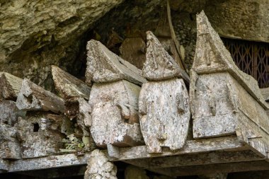 Kireçtaşı kayalıklardaki Tator kabilesi tabutları, eski tabutlar, insan iskeletleri ve kafatasları, Güney Sulawesi Toraja topraklarının kültürü ve gelenekleri