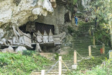 Kireçtaşı kayalıklardaki Tator kabilesi tabutları, eski tabutlar, insan iskeletleri ve kafatasları, Güney Sulawesi Toraja topraklarının kültürü ve gelenekleri