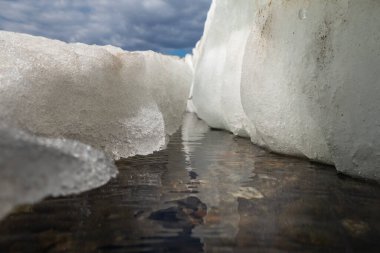 Melting blocks of ice lie on the shore of the frozen Sea of Okhotsk. A close-up photo shows how ice melts and flows into the water as drops. clipart