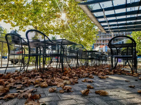 An empty outdoor bench filled with leaves. of restaurants in America summer to autumn. unoccupied chairs in a restaurant