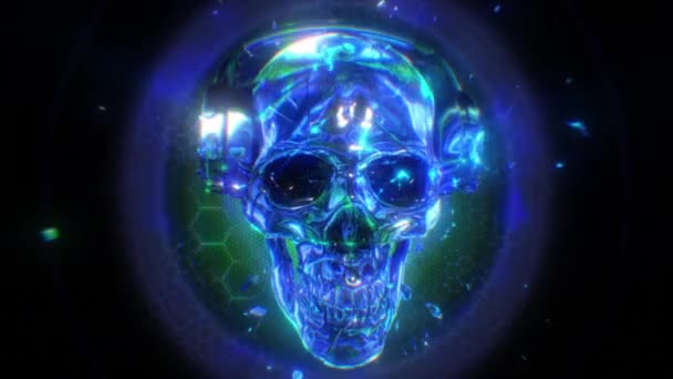 Abstract Sequence Featuring Reflective Fractured Glass Crystal Skull Wearing Headphones — Stock Video