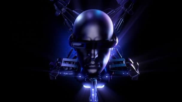 Artificial Intelligence Android Head Hooked Tech Parts Wearing Mono Visor — Stock Video
