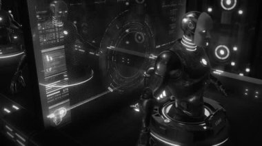 Dijital veri ekranları ve neon ışıklarıyla bir taşıma bandı boyunca gönderilen insansı robot sayborgların fabrika üretim hattı..