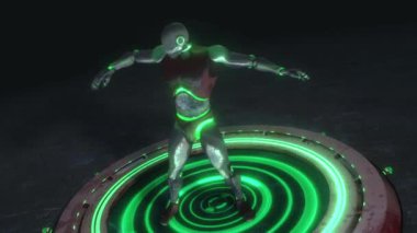 Renkli ışık darbeleriyle üç boyutlu dans eden robot robot..