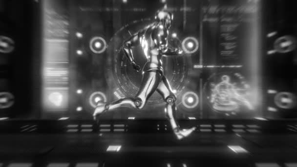 一种金属色机器人机器人机器人人形人形人物 在数字数据屏幕前的跑步机上跑来跑去 有风格的黑白相间 — 图库视频影像