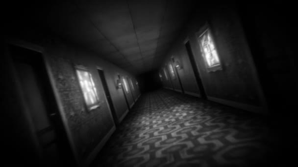 Viaggiare Lungo Corridoio Hotel Inquietante Senza Fine Illuminato Modo Oscuro — Video Stock