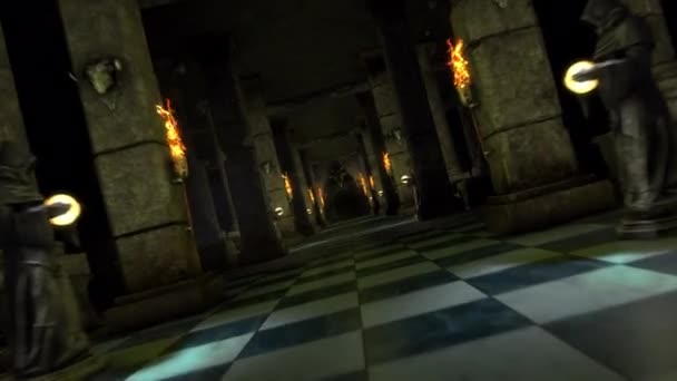 Dentro Templo Oculto Secreto Con Zócalos Piedra Estatuas Místicas Acercándose — Vídeo de stock