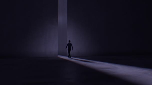 巨大な石の大理石の壁に背の高い開口部から来る明るい光に向かって歩いている男を見る暗いシーン — ストック動画