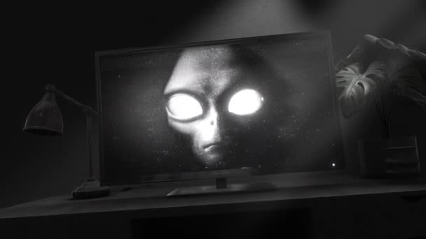 Rosto Cinza Alienígena Emerge Televisão Hipnótica Ruído Branco Estático Com — Vídeo de Stock