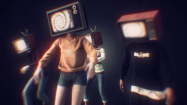 Televizyon başlıklı zombi tarzında yürüyen bir grup karakter. Her televizyon başlığında hipnotik girdaplar var. Bir grup karakterin bir çeşit zihin kontrolü altında yürüdüğünü görüyoruz..