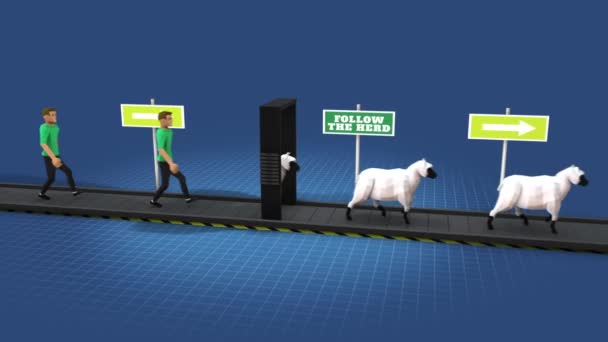 Nastro Trasportatore Persone Che Attraversano Una Porta Diventano Pecore Con — Video Stock