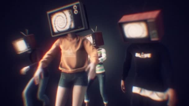 Sekelompok Karakter Berjalan Dalam Gaya Zombie Dengan Kepala Televisi Setiap — Stok Video