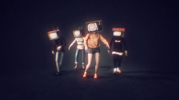 Group Characters Walking Zombie Style Television Heads Each Head Features — Stock Video