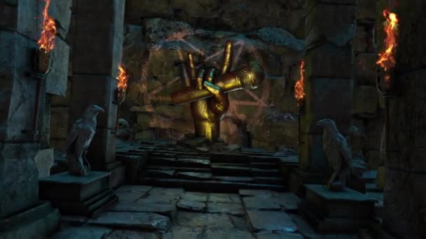 Подземном Каменном Храме Камера Проходит Мимо Темно Освещенных Каменных Стен — стоковое видео