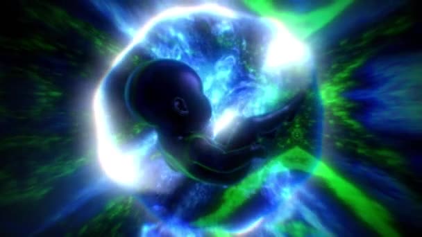 Stylizované Dítě Pulzujícím Pozadí Obklopeno Energickou Bublinou Jak Cestujeme Vesmírem — Stock video