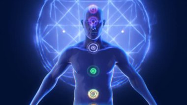 Çeşitli çakra noktalarını gösteren üç boyutlu bir insan figürü.