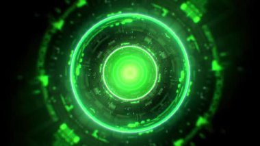 Bir tünel boyunca veya dijital verilerin aktarıldığı bir veri kablosunun içinde, parlayan veri parçaları ve teknoloji tarzı devre kartı bileşenleri görüyoruz..