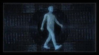Çeşitli dijital bilgi ve veri örtülerine sahip yürüyen bir insansı figürü gösteren bir döngü dijital veri ekranı