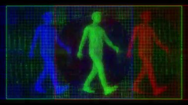 Yürüyen insan figürü, dijital bilgi, veri örtüleri ve RGB ayrıştırma efektleri ile veri ekranı döngüleniyor.