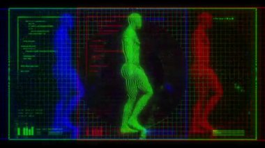 Yürüyen insan figürü, dijital bilgi, veri örtüleri ve RGB ayrıştırma efektleri ile veri ekranı döngüleniyor.