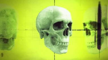 Dönen eski bir film ve tıbbi çizelge tarzı grunge ve dur hareketi efektiyle dönen bir kafatası grafiği