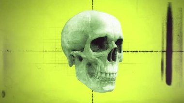 Dönen eski bir film ve tıbbi çizelge tarzı grunge ve dur hareketi efektiyle dönen bir kafatası grafiği