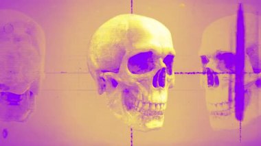 Dönen eski bir film ve tıbbi çizelge tarzı grunge ve dur hareketi efektiyle dönen bir kafatası grafiği