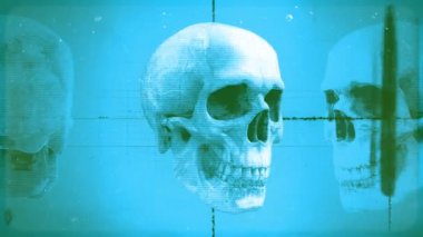 Dönen eski bir film ve tıbbi çizelge tarzı grunge ve dur hareketi efektiyle dönen bir kafatası grafiği