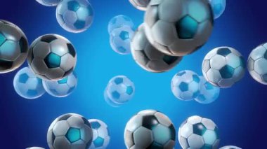 Dönen üç boyutlu futbol toplarının sonsuz bir arka planda yüzmesi döngüsü.