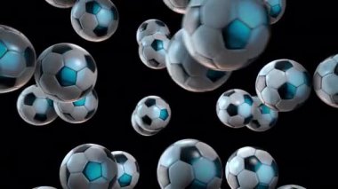 Dönen üç boyutlu futbol toplarının sonsuz bir arka planda yüzmesi döngüsü.