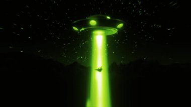 Yeşil film efektiyle bir UFO 'nun ışık demetinde yüzen bir insan karakterini gösteren animasyon dizisi..
