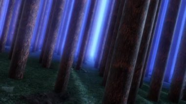 Ağaçların arasında parlayan mavi bir ışıkla bir orman sahnesinde seyahat eden bir döngü..
