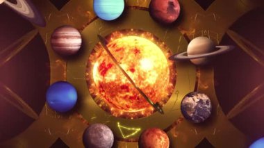 Astronomik kadranlar ve dönen gezegenlerle çevrili, titreşen merkezi güneşli soyut bir animasyon dizisi..