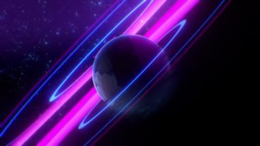 Uzay hissi veren soyut bir döngü dizisi. Bir frekansı veya ses sinyalini temsil eden titreşimli dairesel şekiller yayan merkezi siyah bir küreyi yansıtan dönen bir manzara görüyoruz..