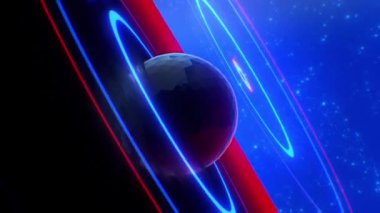 Uzay hissi veren soyut bir döngü dizisi. Bir frekansı veya ses sinyalini temsil eden titreşimli dairesel şekiller yayan merkezi siyah bir küreyi yansıtan dönen bir manzara görüyoruz..