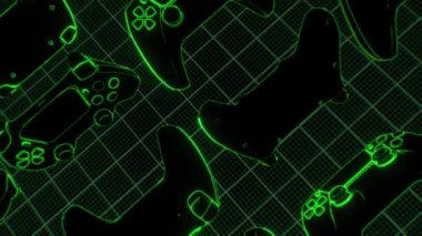 Bir şebeke arkaplanı üzerinde rastgele dönen bir grup retro oyun denetleyicisinin döngü dizisi.