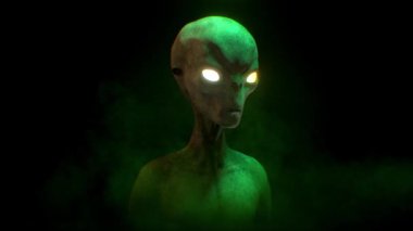 Parlak gözleri ve ince kamera ve ışık hareketi olan, karanlık bir ortamda ayarlanmış ve ince video interlace bozulmaları olan bir uzaylının kafası ve omuzları..