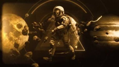İskelet astronot bir karakterin yürüdüğü, eski bir sepya film aksaklığı tarzında soyut bir animasyon döngü arkaplanı.