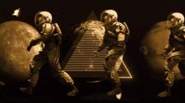 Bir dizi iskelet astronot karakterin yürüdüğü, eski bir sepia film aksaklığı tarzında soyut bir animasyon döngüsü arka planı.