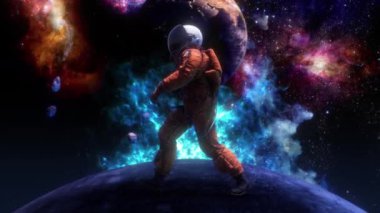 Astronot bir karakterin titreşimli enerji etkileri ve meteorları olan küçük bir gezegende yürüdüğü soyut bir animasyon döngüsü..