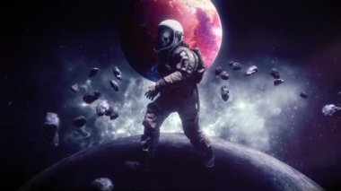 Soyut bir animasyon döngüsü arka planında titreşen enerji etkileri ve meteorları olan küçük bir gezegende yürüyen iskelet astronot bir karakter var..