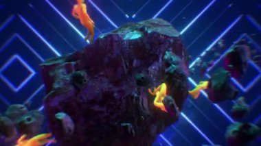 Parlak turuncu dar giysiler giyen ve yüzen bir kaya formasyonu üzerinde dans eden, göktaşları ve titreyen neon ışıkları olan bir grup figürün yer aldığı sürrealite üstü bir döngü dizisi..