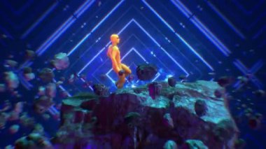 Göktaşları ve titreşimli neon ışıklarıyla birlikte yüzen kaya formasyonunda dans eden dar takım elbiseli bir figürü içeren sürreal dışı bir döngü dizisi..