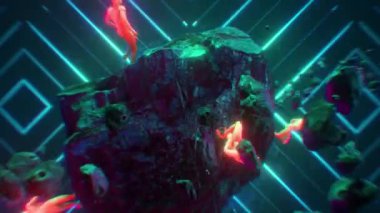 Göktaşları ve titreşimli neon ışıkları ile yüzen kaya formasyonunda dans eden dar takım elbiseli figürlerin yer aldığı gerçeküstü bir döngü dizisi..