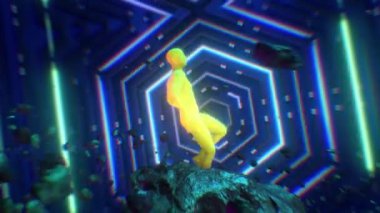 Göktaşları ve titreşimli neon ışıklarıyla birlikte yüzen kaya formasyonunda dans eden dar takım elbiseli bir figürü içeren sürreal dışı bir döngü dizisi..