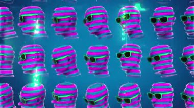 Güneş gözlüğü takan parlak çizgili kafaların soyut sonsuz döngüsü..