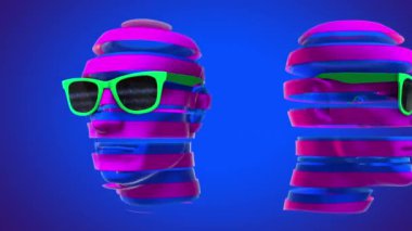 Güneş gözlüğü takan parlak çizgili kafaların soyut sonsuz döngüsü..