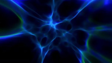 Şekil değiştiren ve titreşen mavi ve yeşil damarların soyut hareket arkaplanı siyah üzerine.