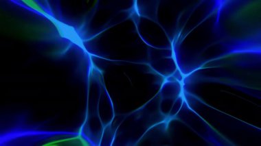 Şekil değiştiren ve titreşen mavi ve yeşil damarların soyut hareket arkaplanı siyah üzerine.